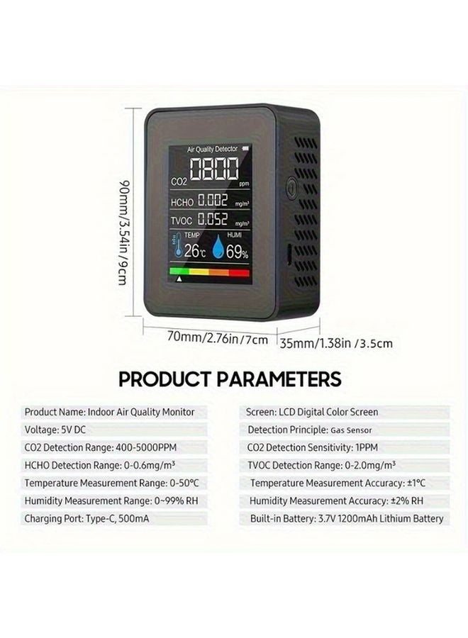 Black 5 In 1 Air Quality Monitor CO2 Humidity Temperature Formaldehyde TVOC LCD Display USB Rechargeable - Image 2